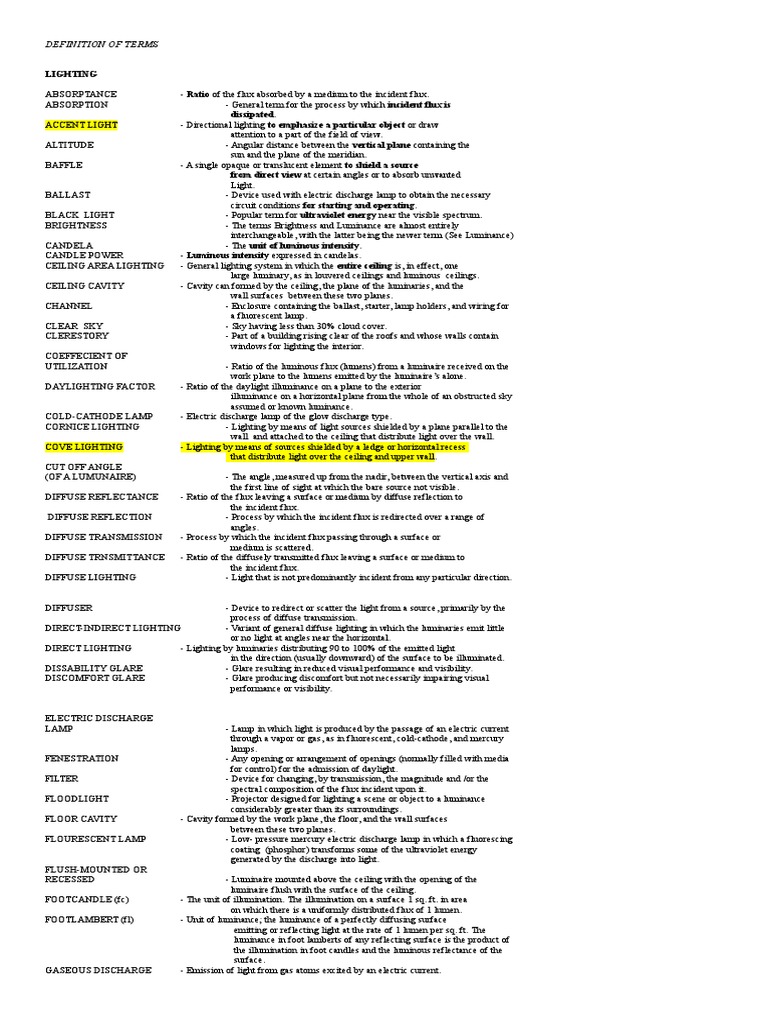 Lighting Definition of Terms PDF Lighting Fluorescent Lamp