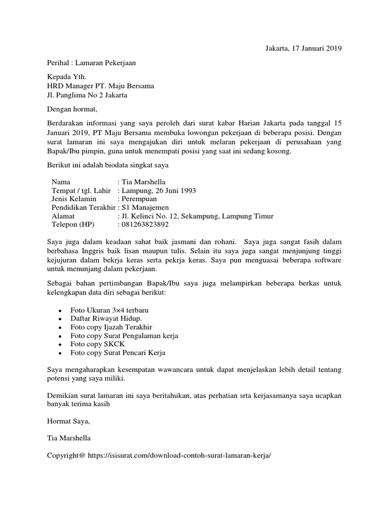 Contoh Surat Lamaran Kerja Umum Docx