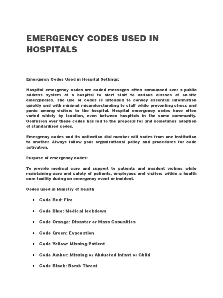 Emergency Code Used in Hospitals | PDF | Emergency | Hospital