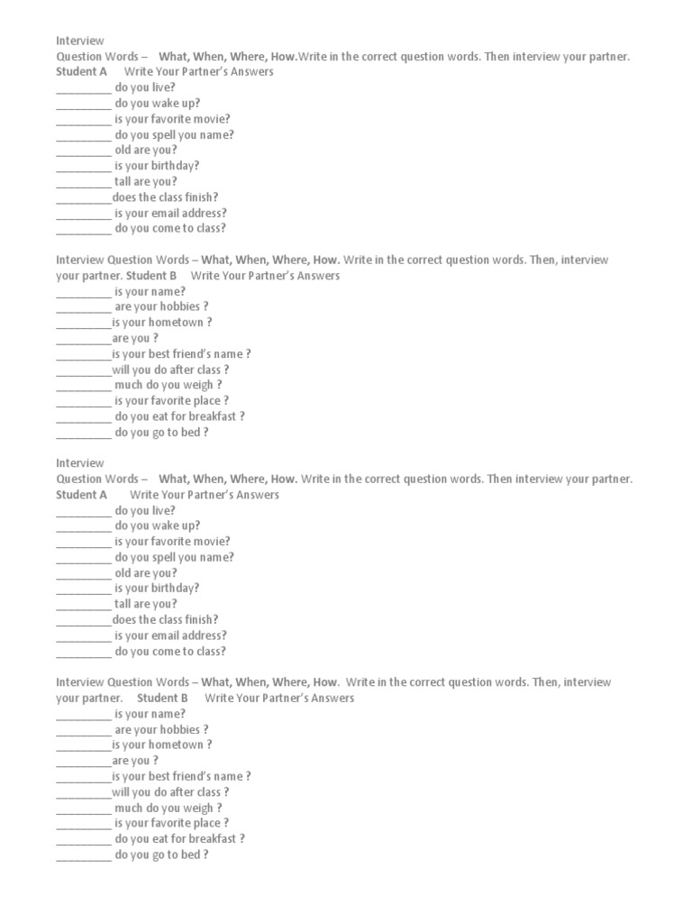 Student A Write Your Partner's Answers | PDF