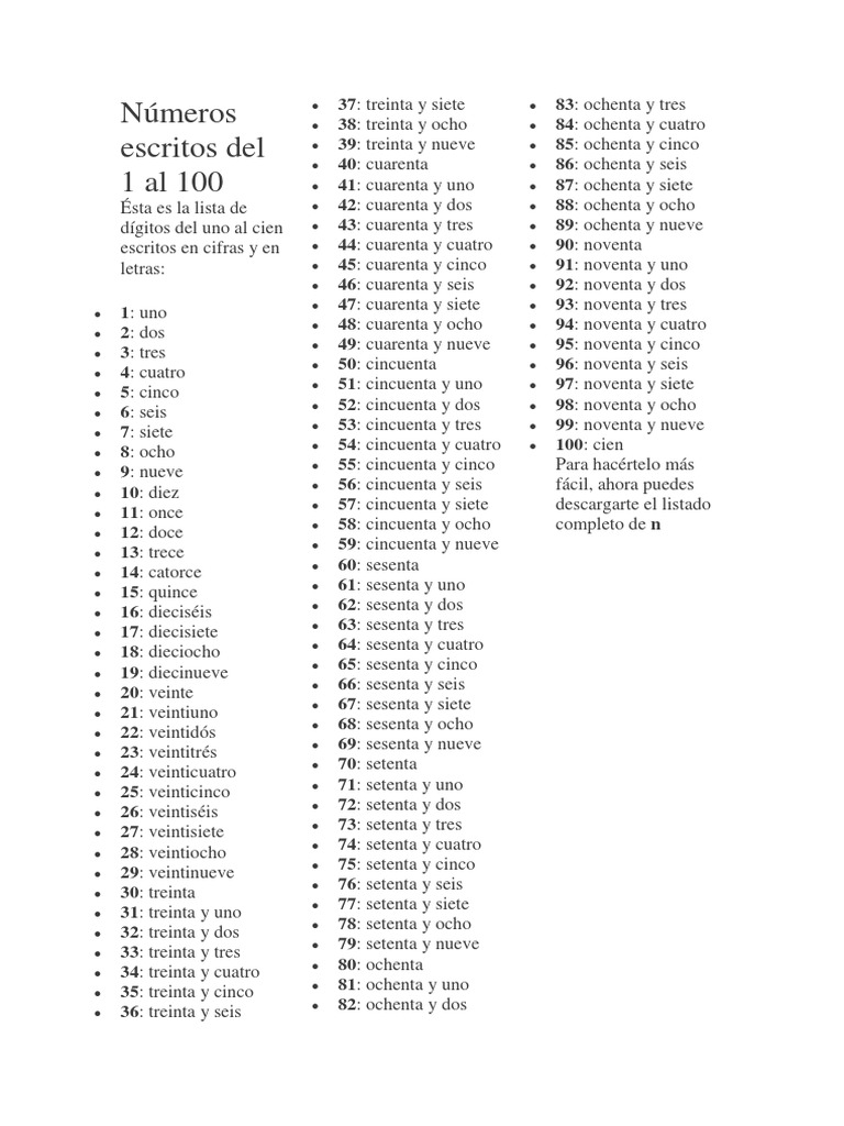 Números Escritos Del 1 Al 100