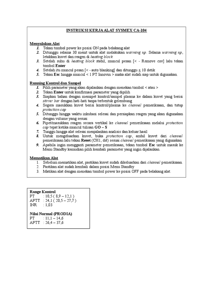 Instruksi Penggunaan Sysmex CA-104 | PDF