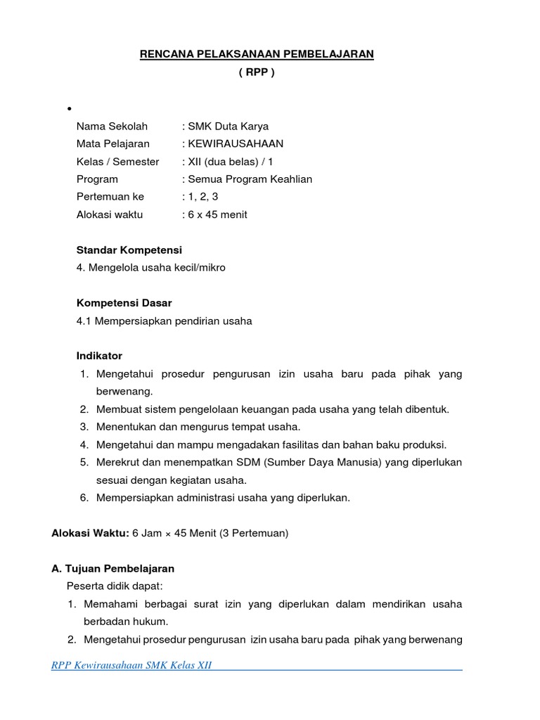 Rpp Kewirausahaan Smk Ktsp Kelas Xii