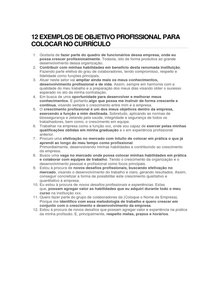 Exemplos de Objetivos para Currículo | PDF | Mercado (economia) | Business