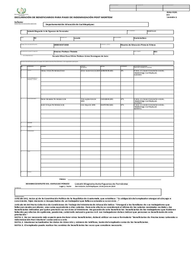 Declaración de Beneficiarios Para Pago de Indemnización Post Mortem ...