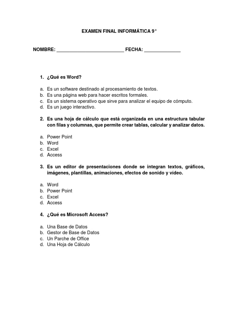 Examen Final de Informática 9° | PDF | Hardware de la computadora ...