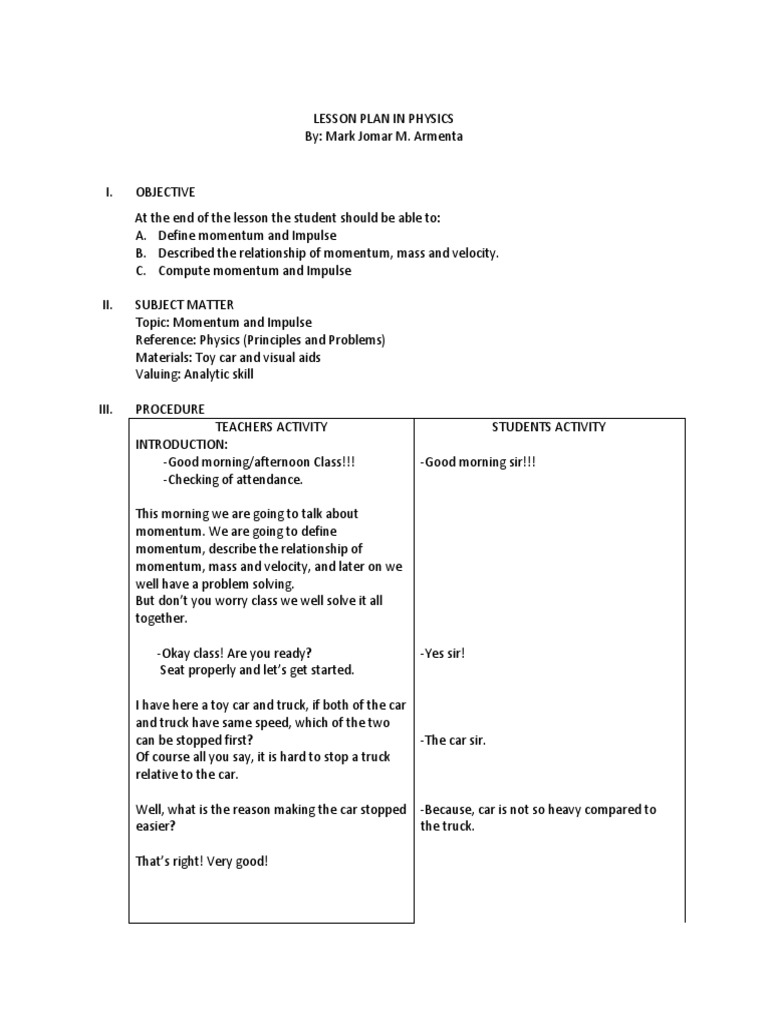 Lesson Plan in Physics | PDF | Momentum | Velocity