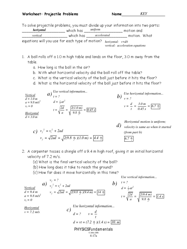 4 17ab Projectile Problems Wkst Key Projectiles Acceleration