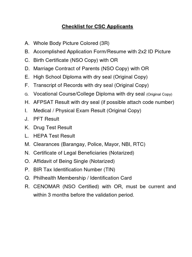 Checklist For CSC Applicants: G. (Original Copy) | PDF