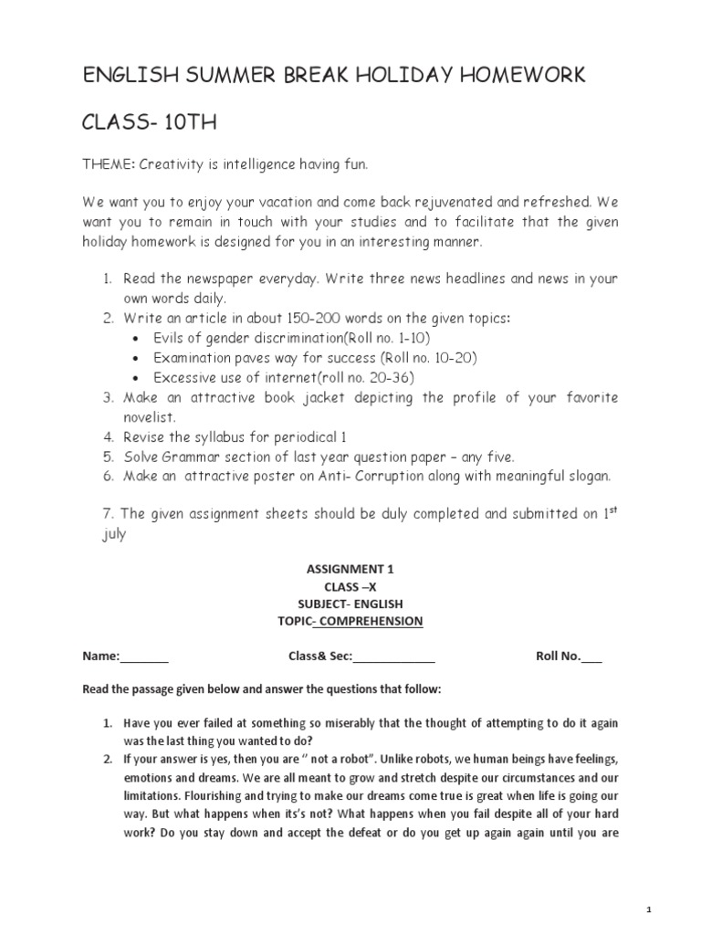 Summer Breaks Holiday Homework Class X 19 Laughter Hobbies