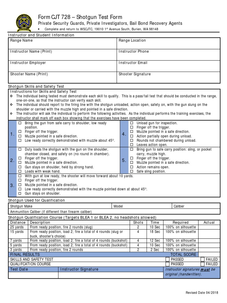 Form CJT 728 - Shotgun Test Form: Private Security Guards, Private ...