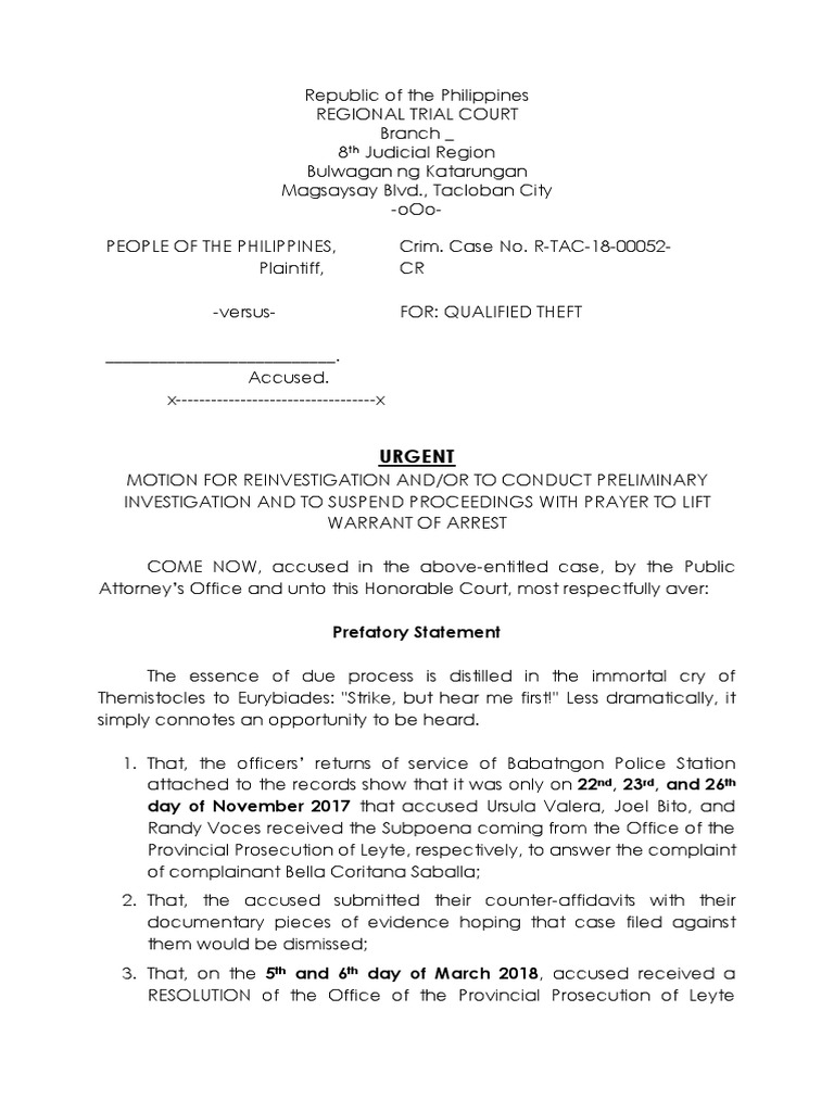 Motion For Reinvestigation And/or To Conduct Preliminary Investigation