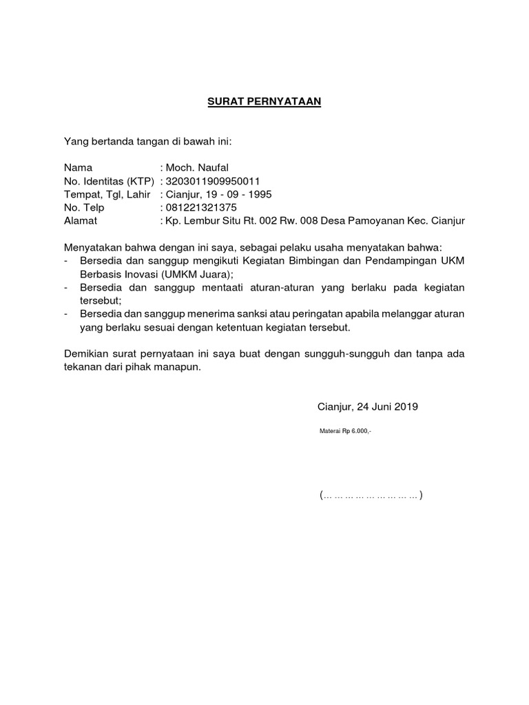 Format Surat Pernyataan Kesediaan Mengikuti Program Umkm Juara