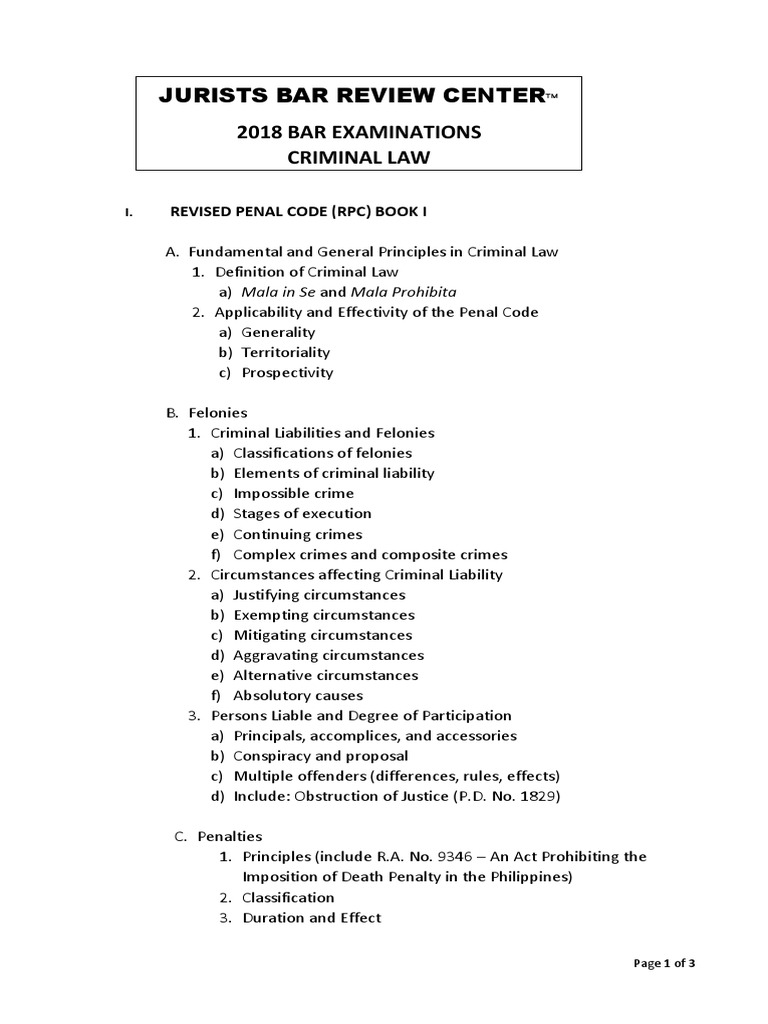 2018 Criminal Law Bar Examination Syllabus.pdf Crimes Crime & Justice