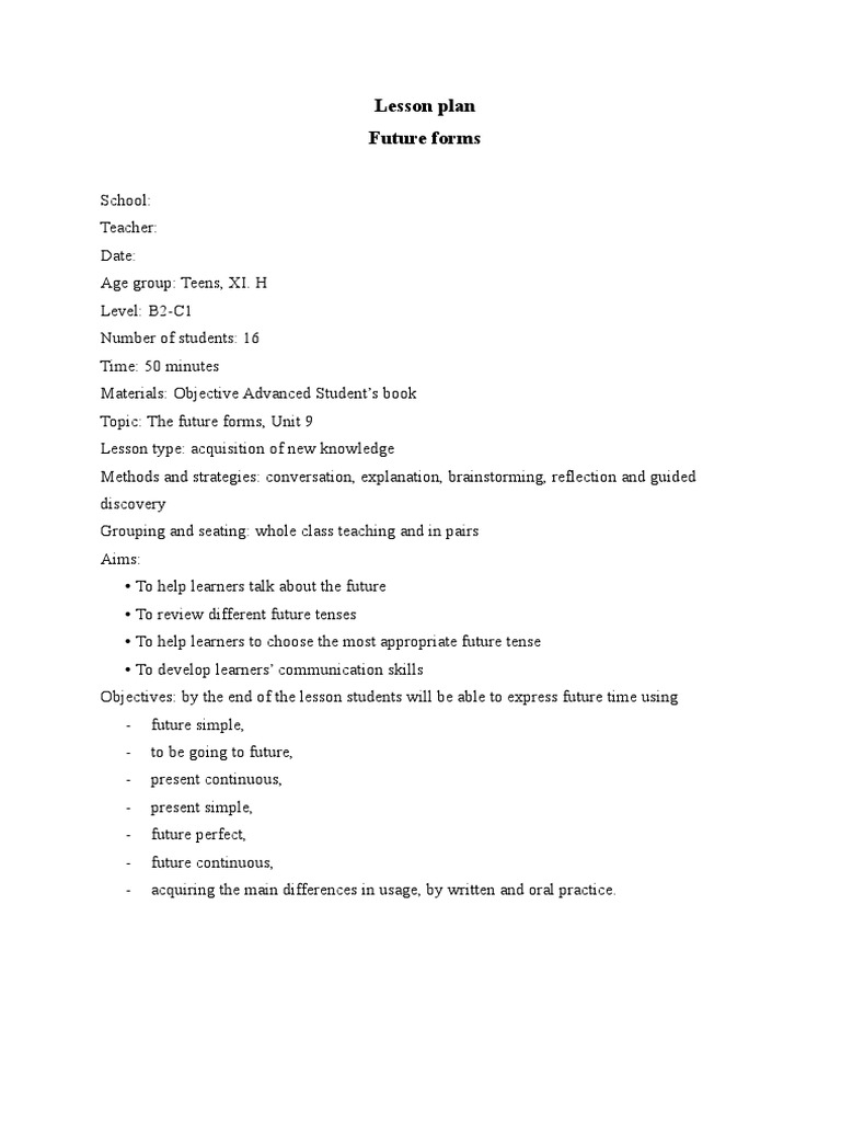 Future Tenses Lesson Plan for Teens | PDF | Lesson Plan | Applied ...