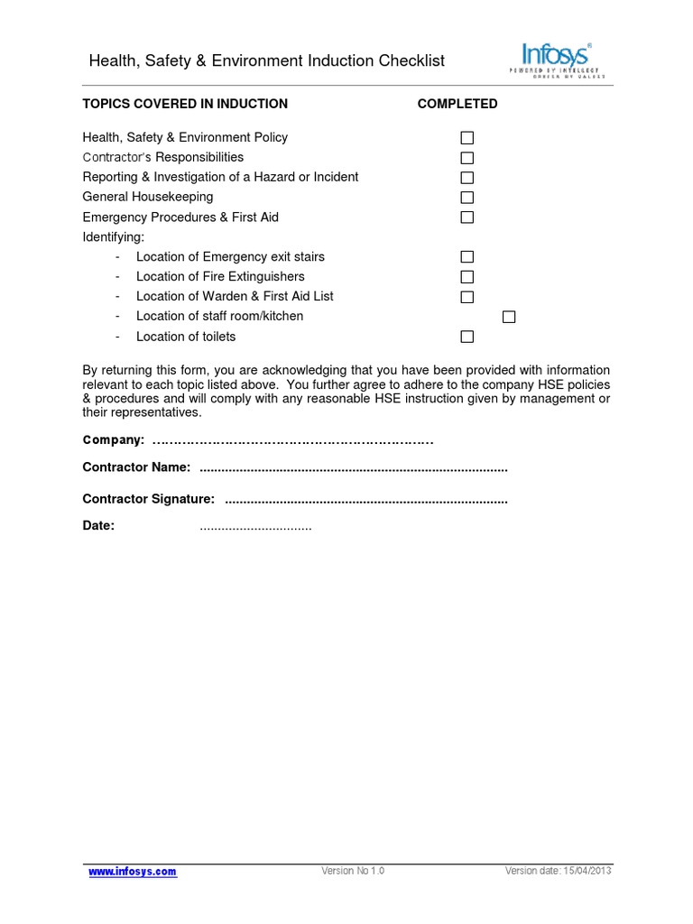 HSE Induction Checklist for Contractors | PDF