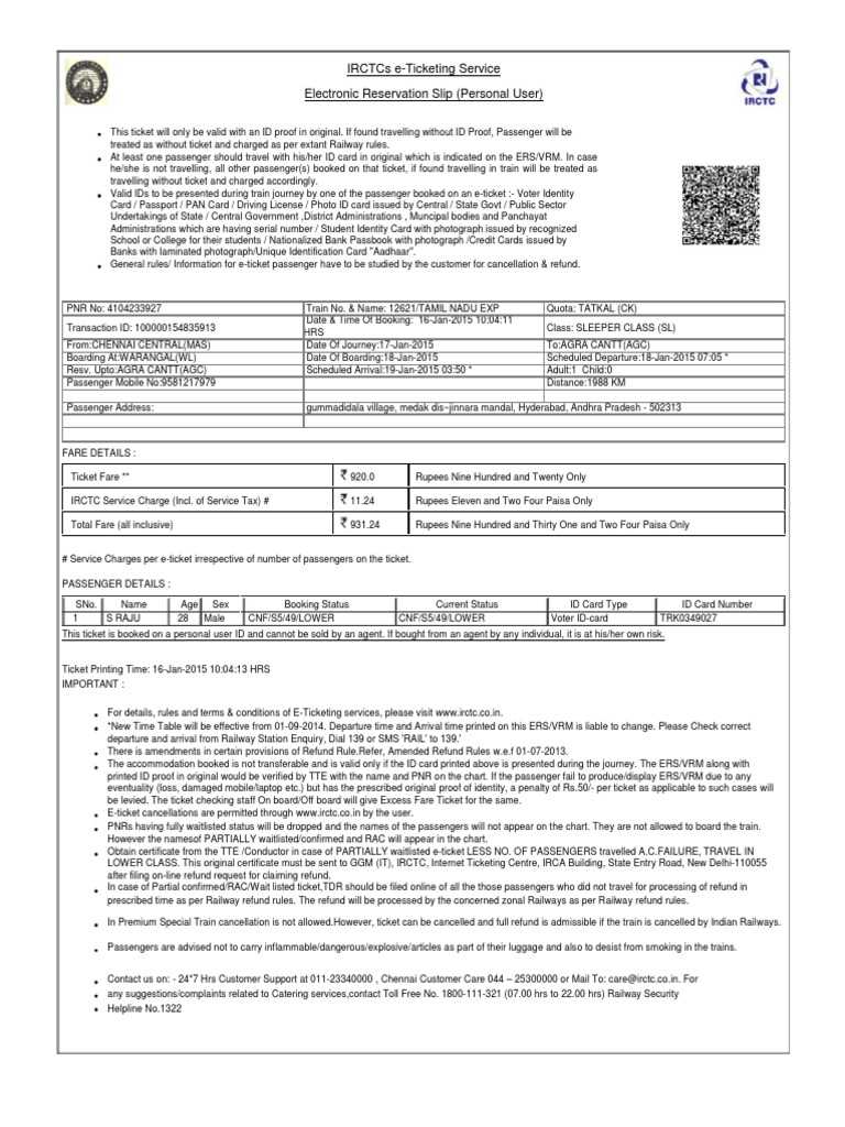 Irctc Ticket Format PDF | PDF | Identity Document | Ticket (Admission)