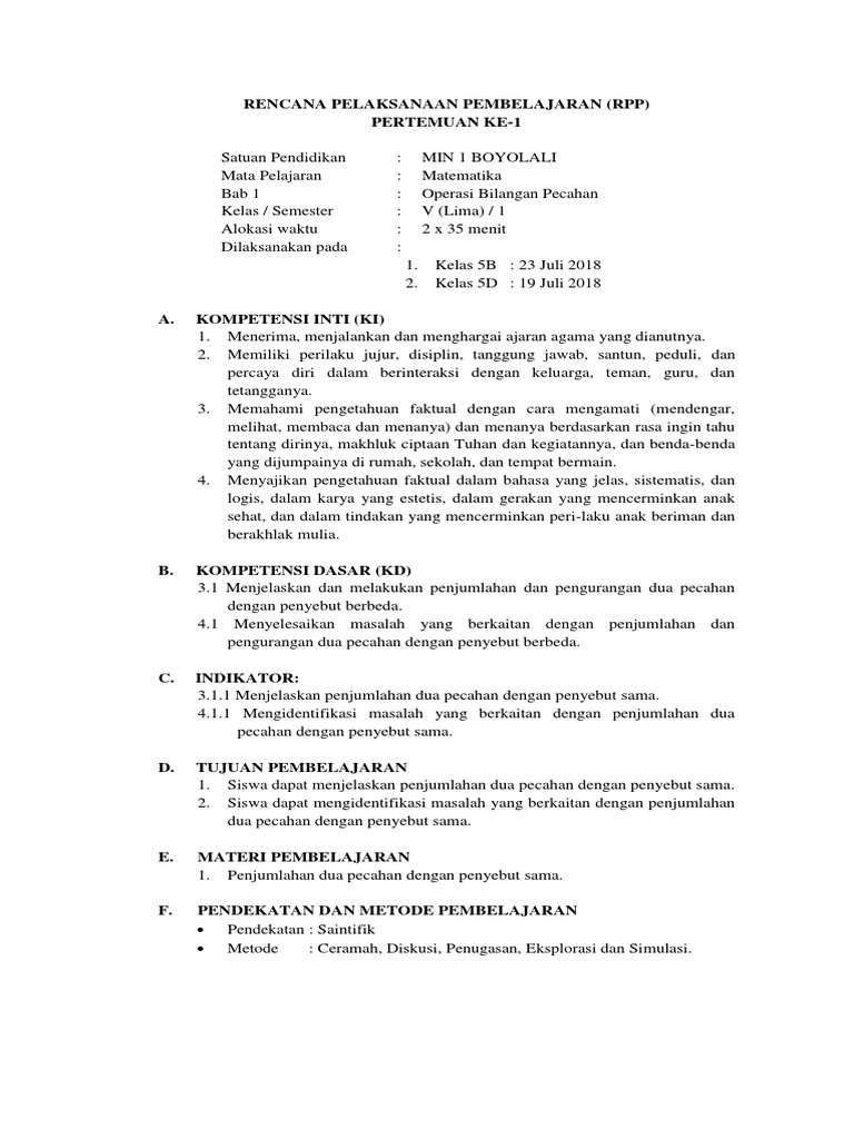 Rpp Matematika Kelas 5 Materi Operasi Bilangan Pecahan