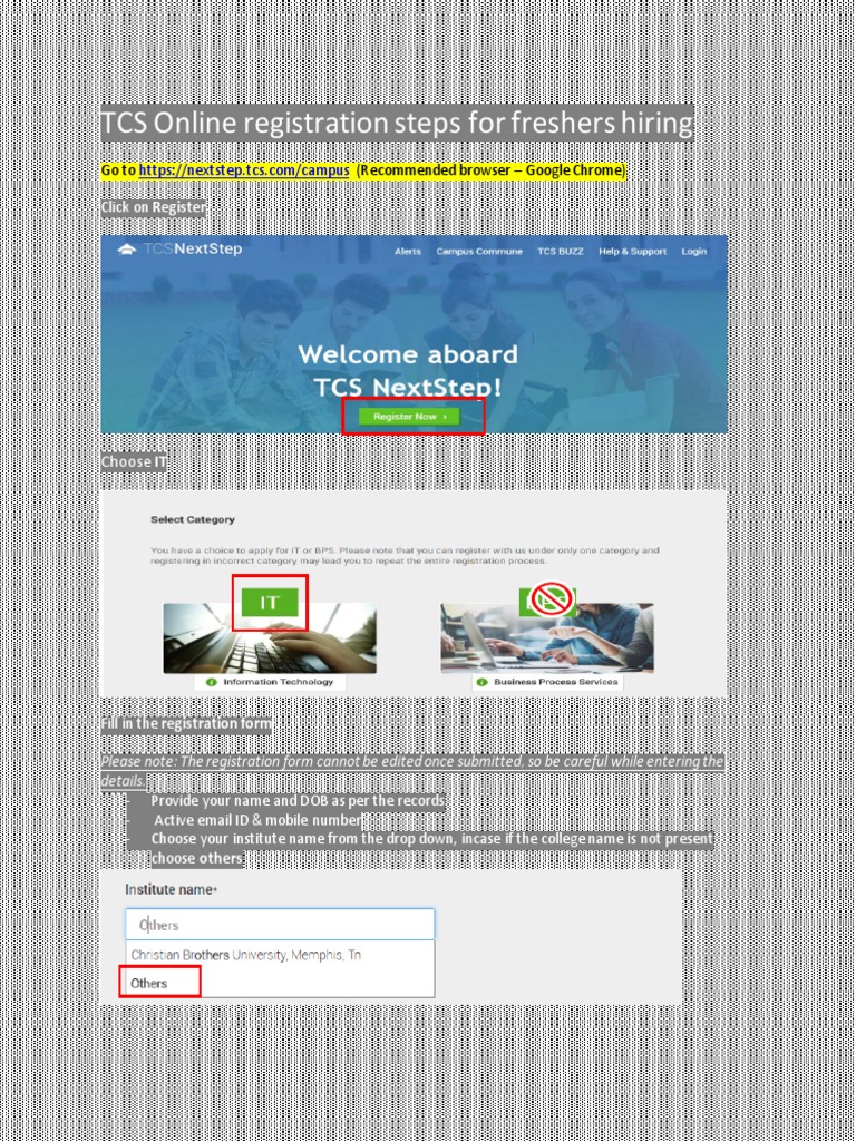 Online Reg Steps For TCS Freshers Hiring Copyright Tcs | PDF