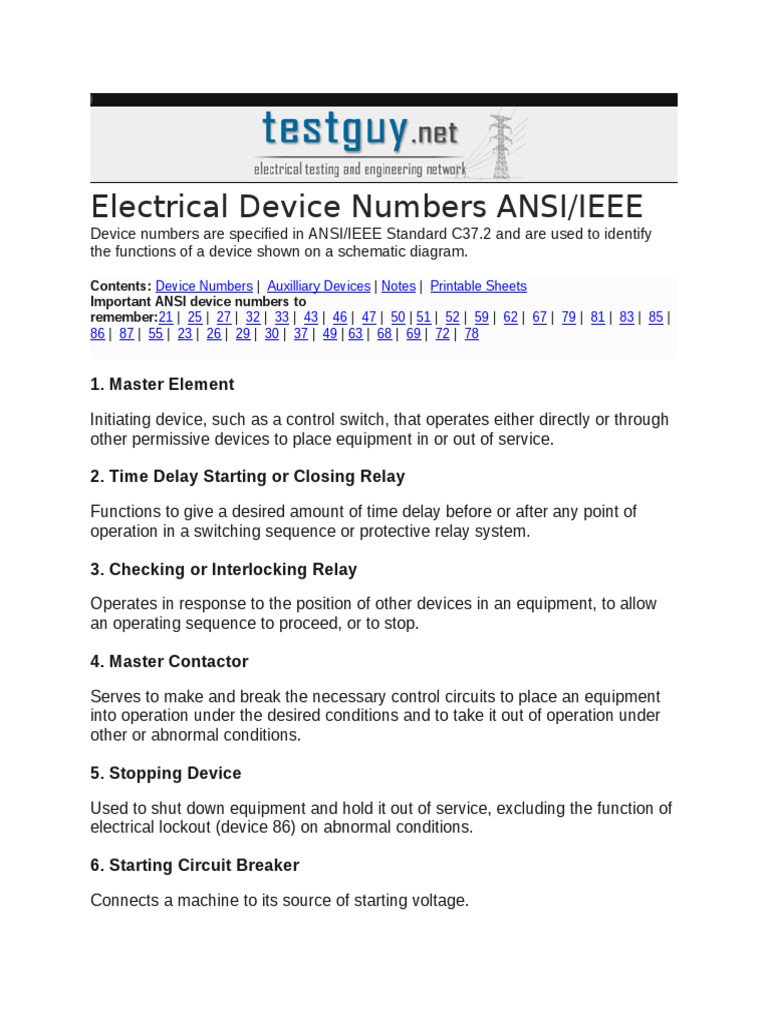 Electrical Device Numbers ANSI IEEE PDF PDF Relay Switch