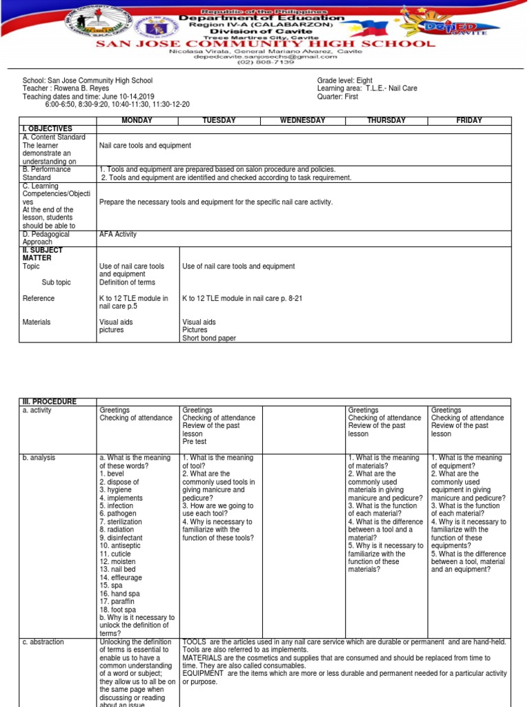 Nail Care Lesson Plan for Grade 8 | PDF | Nail (Anatomy) | Hygiene