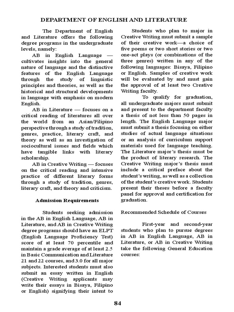 Department of English and Literature Admission Requirements PDF