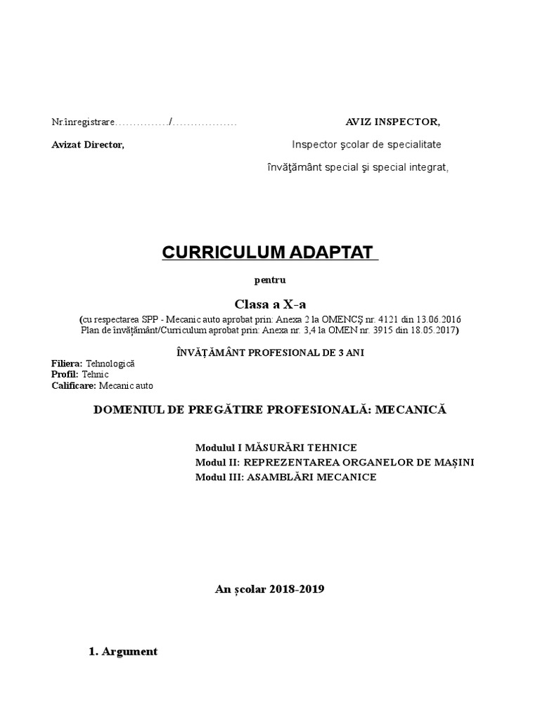 Curriculum Adaptat 2018 Clasa A X A