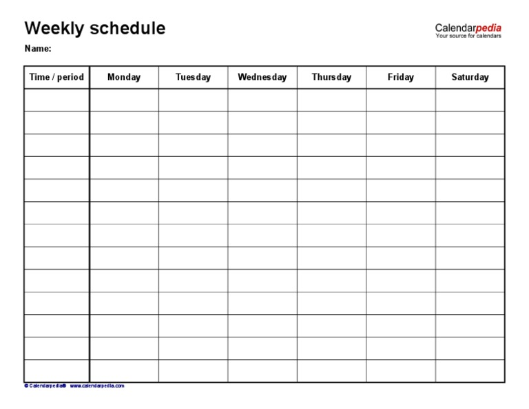 Weekly Schedule: Name: Time / Period Monday Tuesday Wednesday Thursday ...