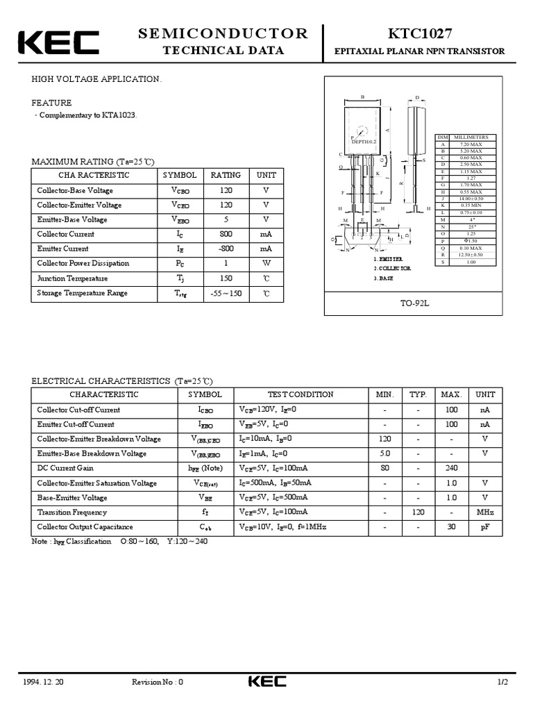 Semiconductor KTC1027: Technical Data | PDF | Bipolar Junction ...