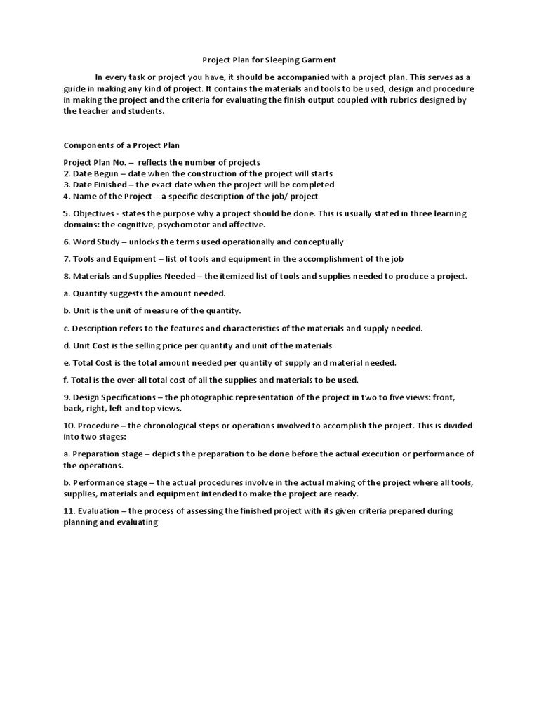 Project Plan for Sleeping Garment.docx Rubric (Academic
