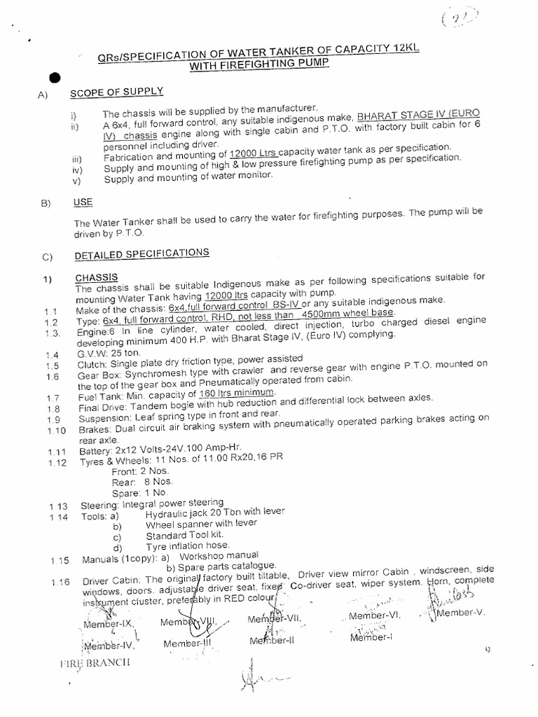 Water Tanker Specification 12KL | PDF | Pump | Valve