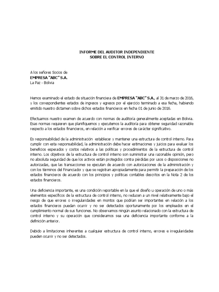 Informe de Control Interno - Empresa ABC | PDF | Auditoría | Estado ...