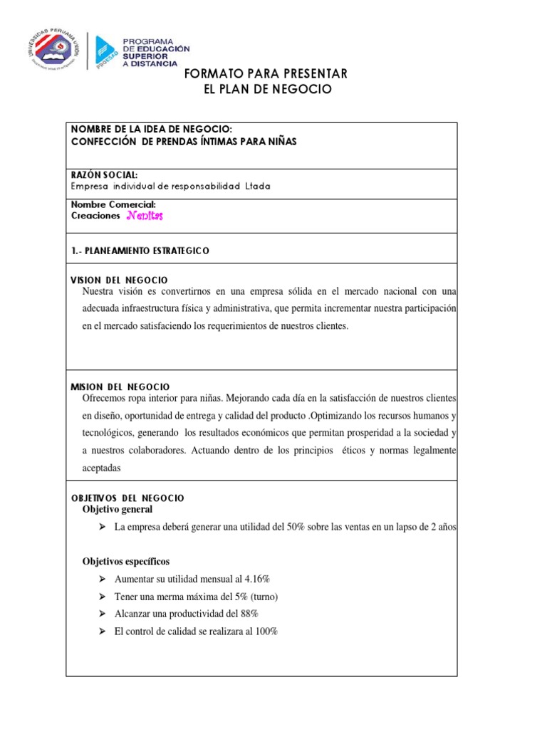 FORMATO DE PLAN DE NEGOCIO  Calidad (comercial)  Producto (Negocio)
