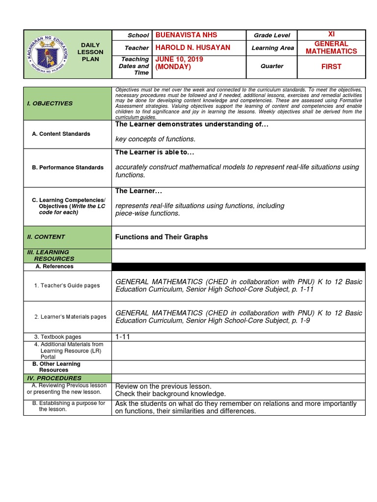 Grade 11 Functions Lesson Plan | PDF | Learning | Educational Psychology