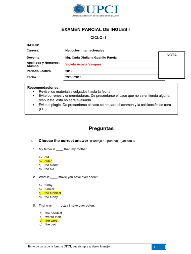 Examen Parcial de Inglés Básico | PDF | Language Arts & Discipline
