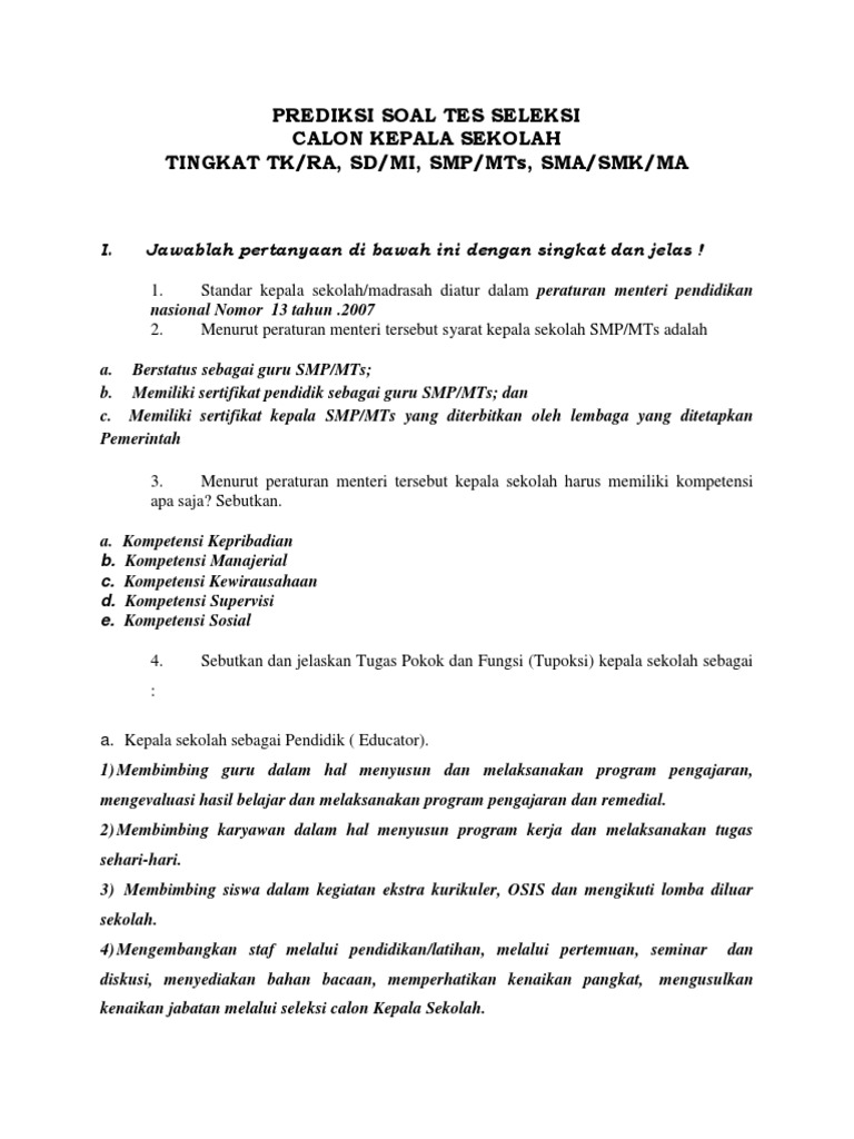 Contoh Soal Seleksi Kepala Sekolah Berprestasi Contoh Soal Terbaru