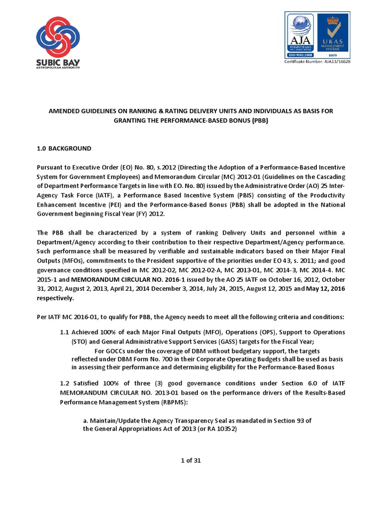 PBB Ranking Guidelines for Delivery Units | PDF | Business | Audit