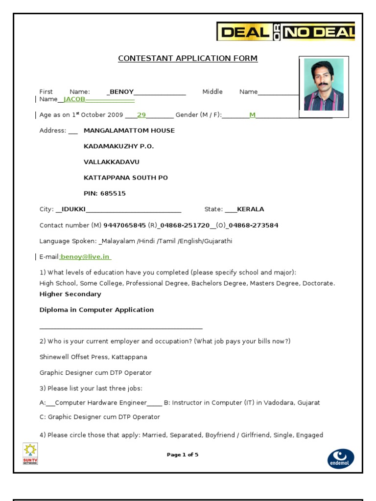 Deal or No Deal Contestant Form | PDF | Lawsuit | Academic Degree
