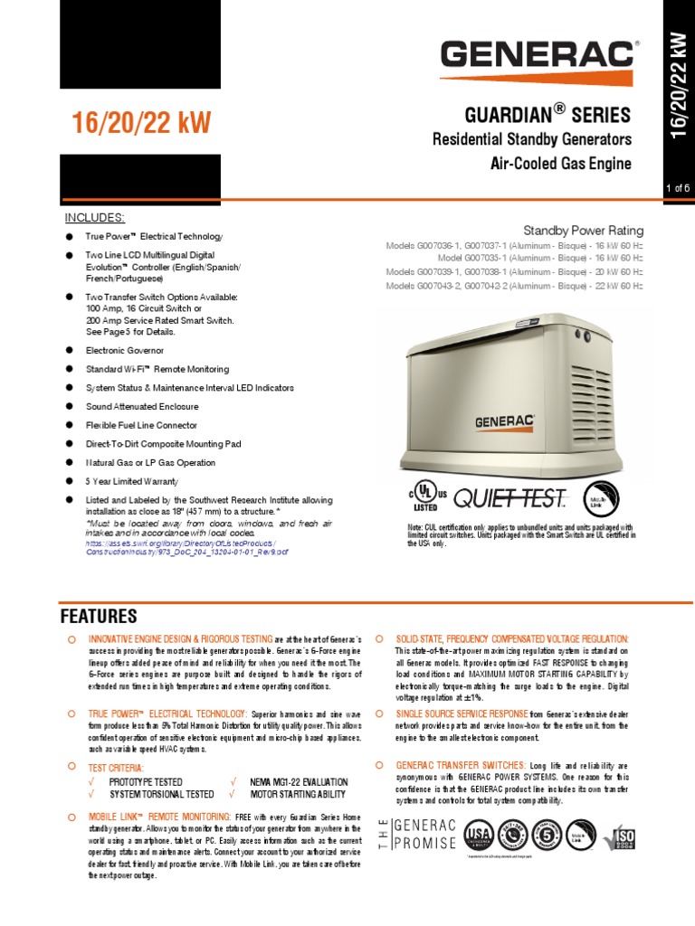 Guardian Series Spec Sheet 16 22 | PDF | Electric Generator | Switch