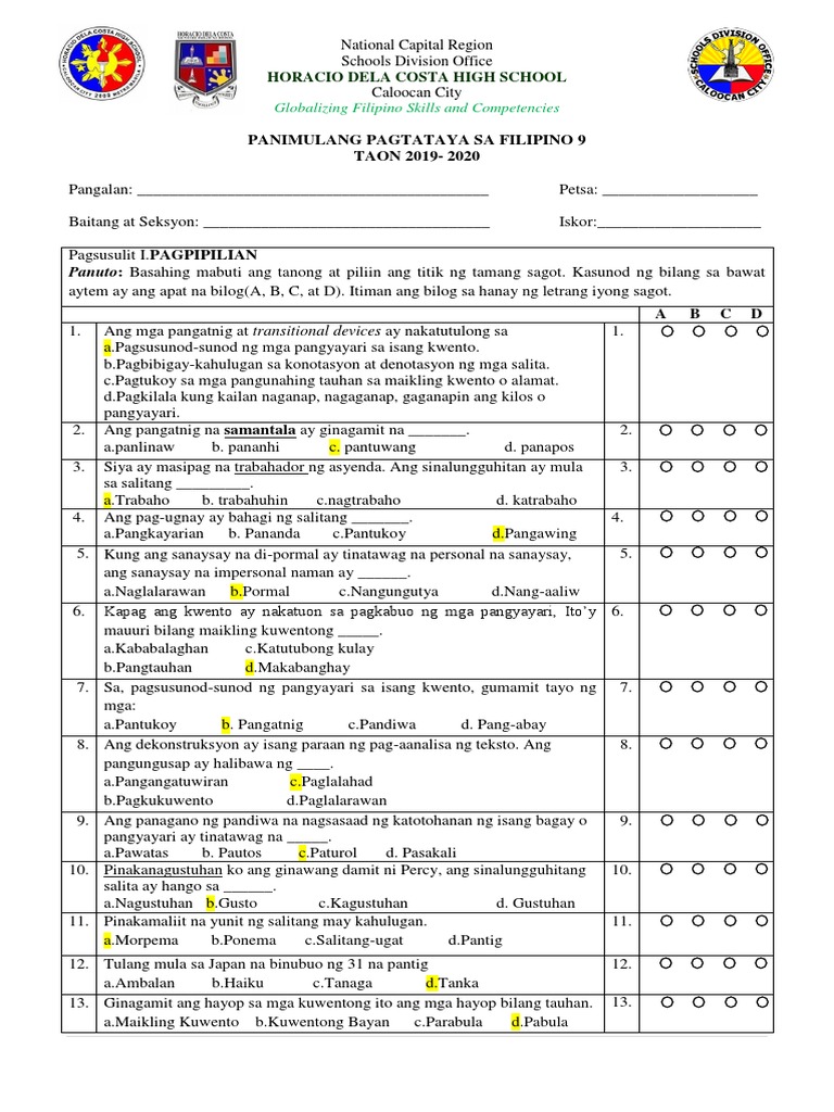 Diagnostic Test Sa Fil 9 | PDF