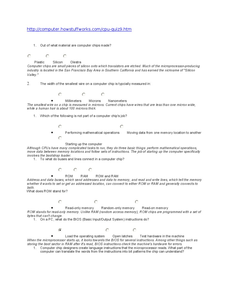 CPU Quiz Read Only Memory Random Access Memory
