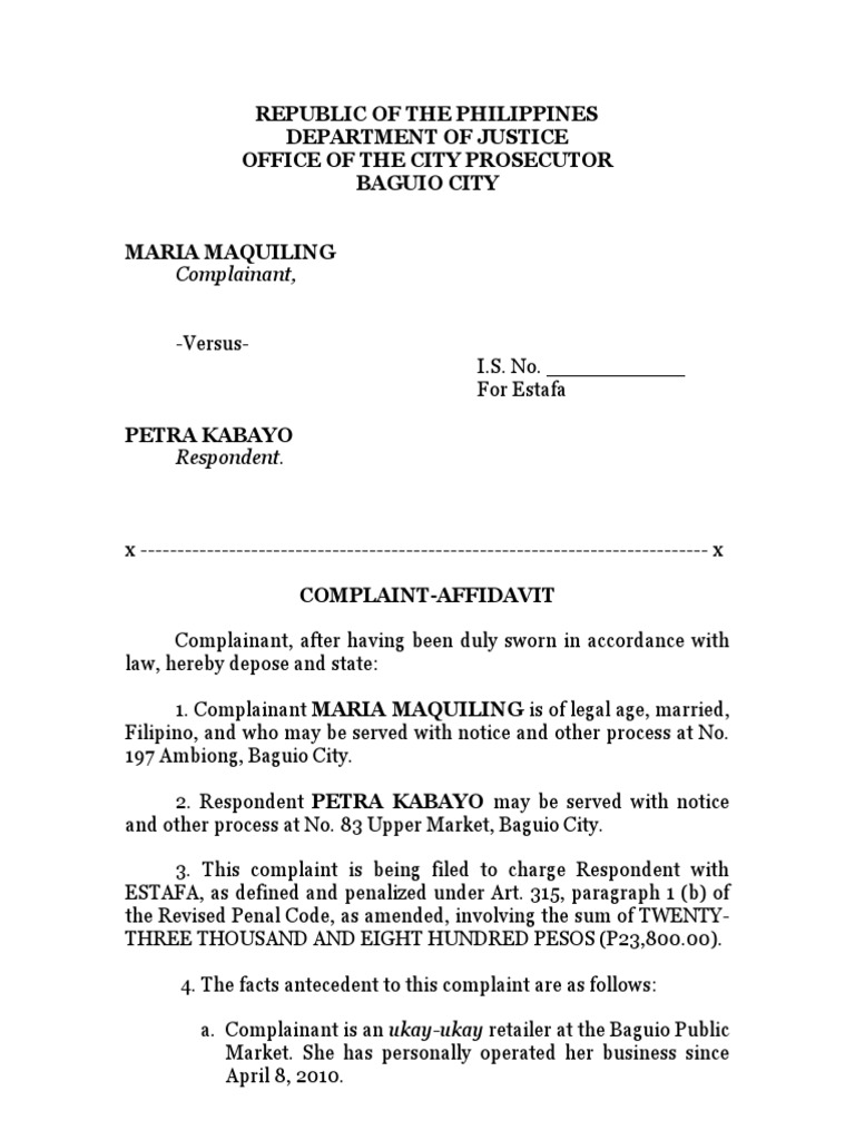 Estafa Complaint Affidavit Converted Common Law Social Institutions