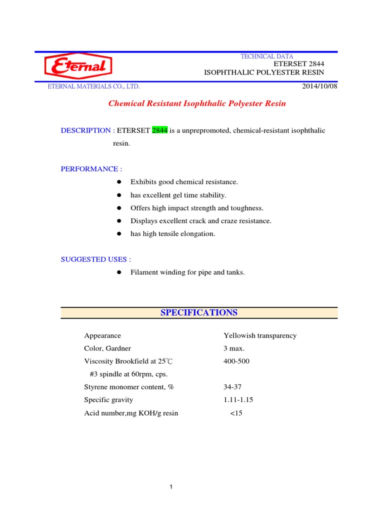 ETERSET 2844 Isophthalic Resin Data Sheet | PDF | Polyester | Fibers