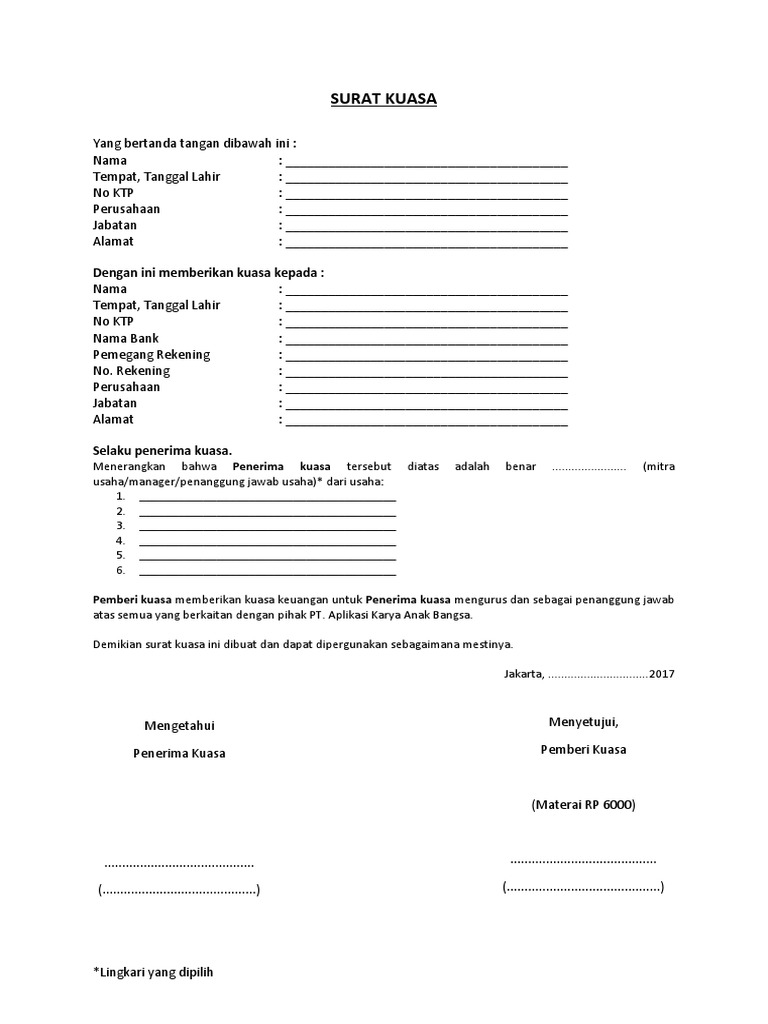 Template Surat Kuasa Rekening Go Resto Pdf