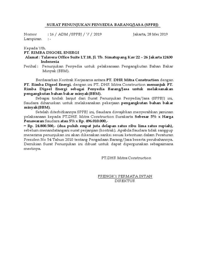Contoh Surat Penunjukan Penyedia Barang Jasa Barisan Contoh