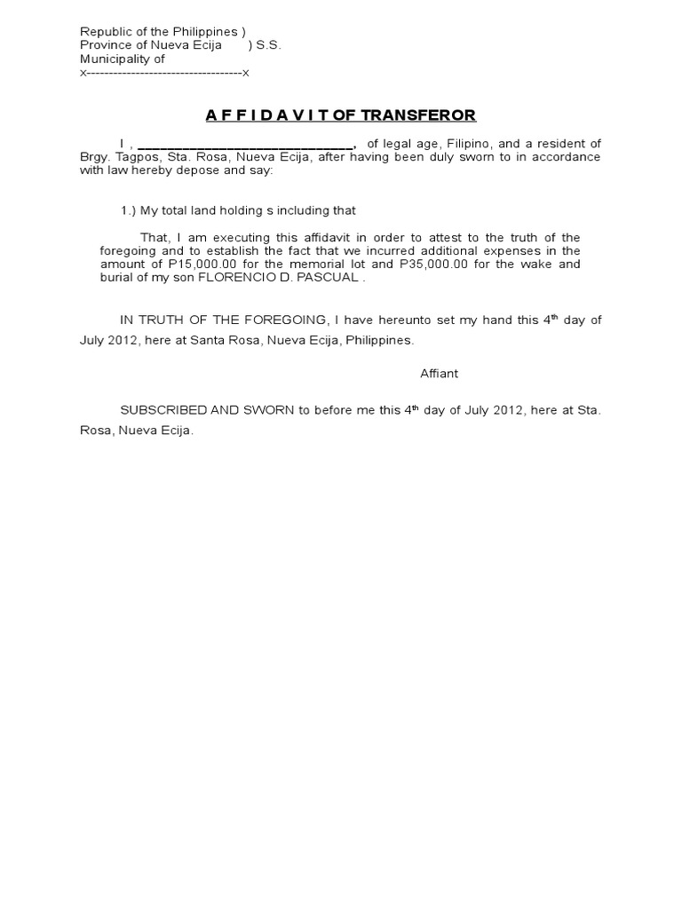 Affidavit of Transferor - Sta. Rosa, NE | PDF | Religion & Spirituality