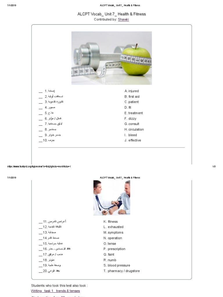 ALCPT Vocab Unit 7 Health & Fitness PDF Pharmacy Medicine