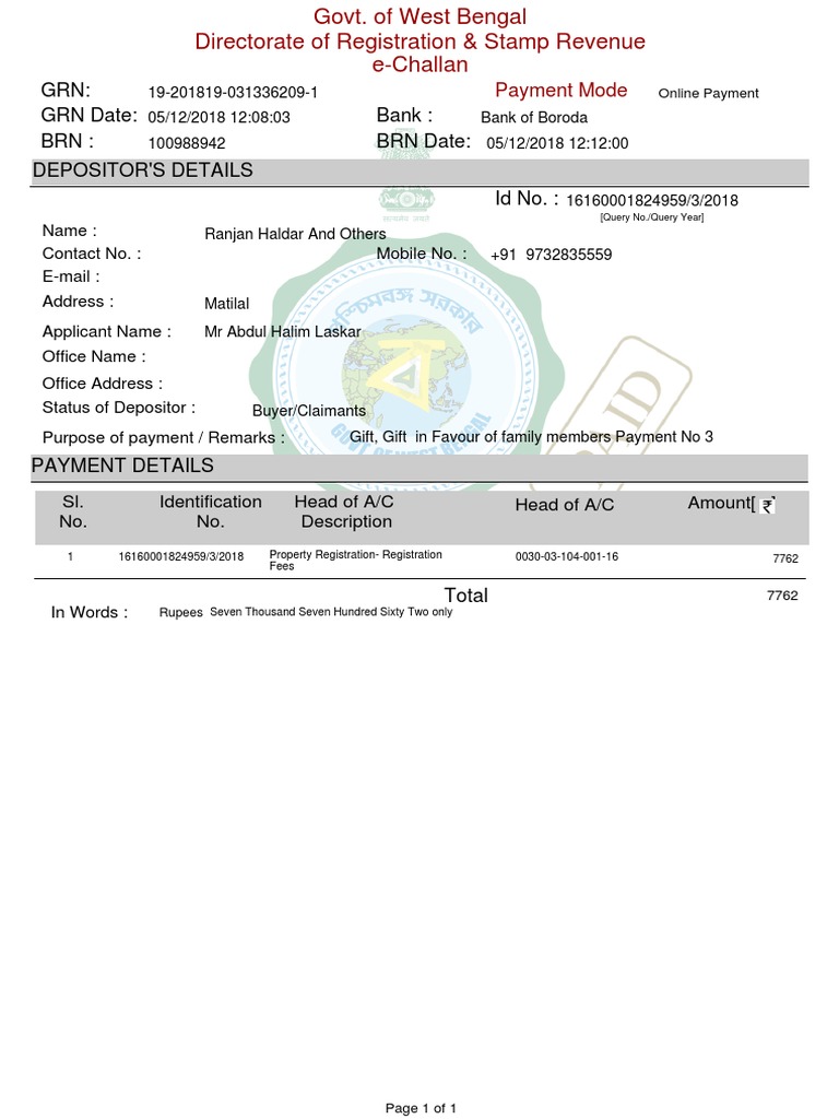 Payment Receipt for Property Registration Fees in West Bengal PDF