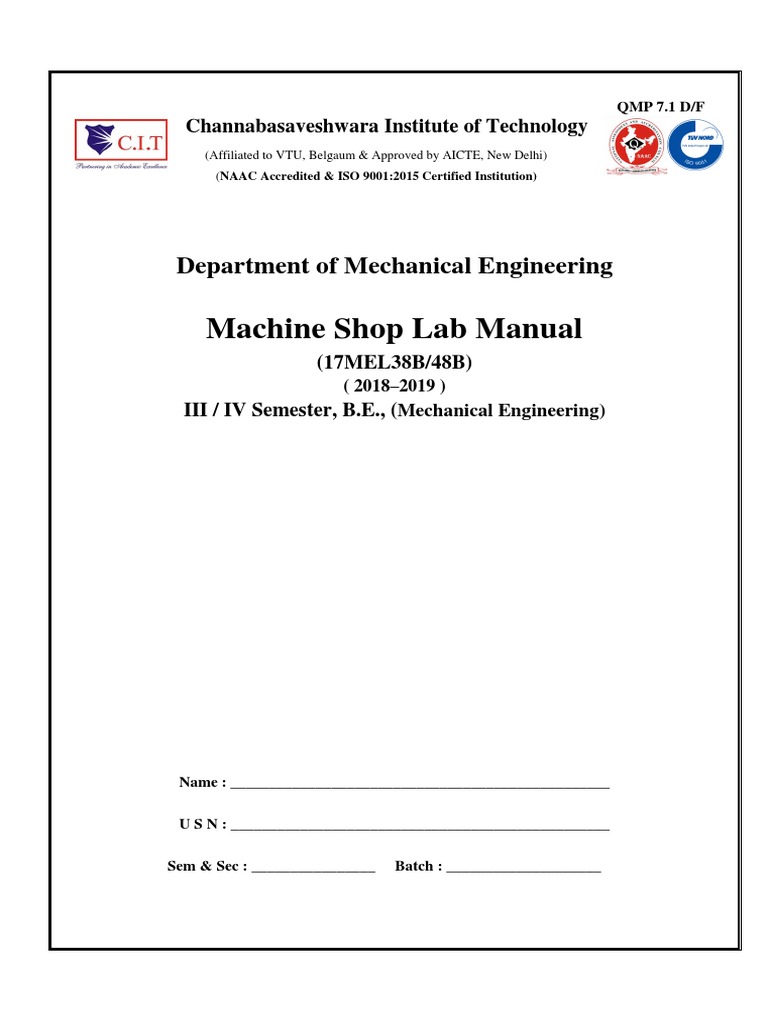 Machine Shop Lab Manual Department of Mechanical Engineering PDF