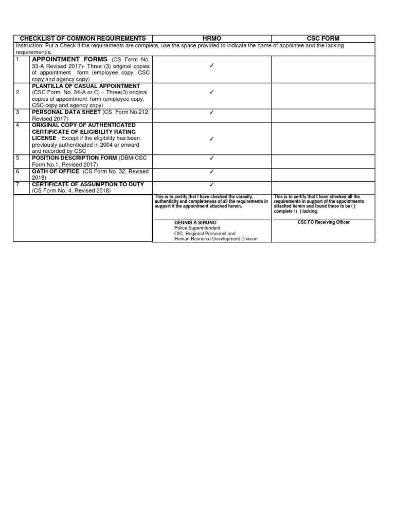 Appointment Forms: Checklist of Common Requirements Hrmo CSC Form | PDF